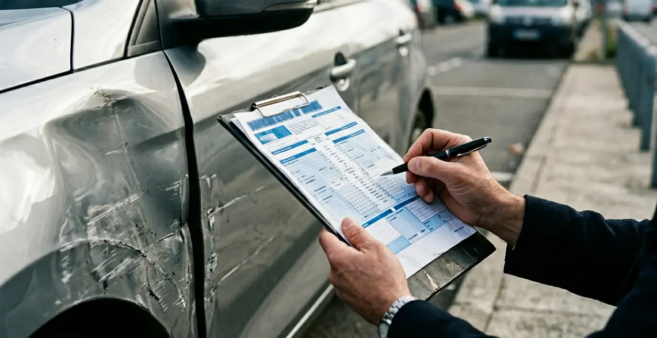 Gros plan sur des mains tenant un constat amiable automobile près d'une voiture accidentée, éclairage naturel dramatique