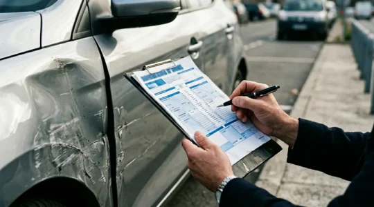 Gros plan sur des mains tenant un constat amiable automobile près d'une voiture accidentée, éclairage naturel dramatique