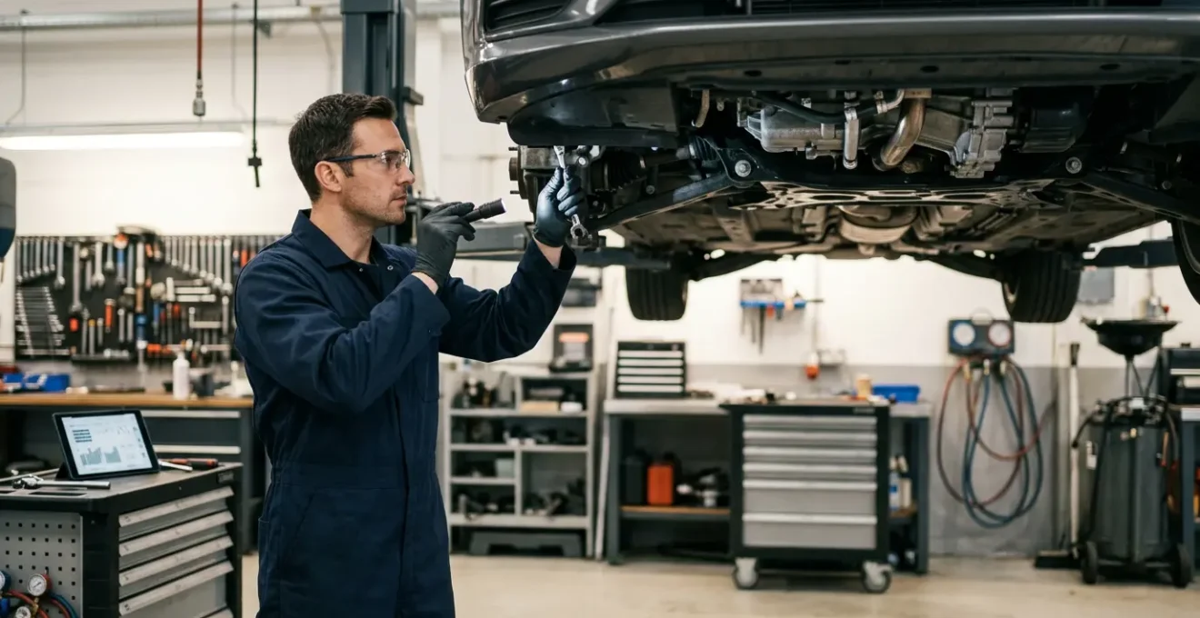 Mécanicien professionnel inspectant un véhicule moderne dans un garage bien éclairé, illustrant l'entretien automobile préventif et les économies de réparation