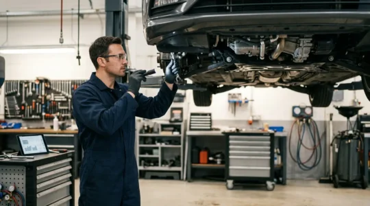 Mécanicien professionnel inspectant un véhicule moderne dans un garage bien éclairé, illustrant l'entretien automobile préventif et les économies de réparation