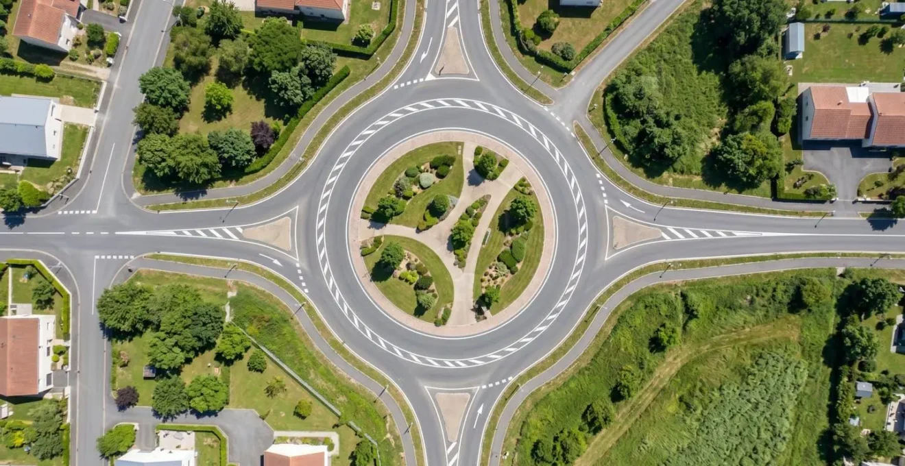 Vue aérienne d'un carrefour giratoire avec deux voies de circulation matérialisées au sol