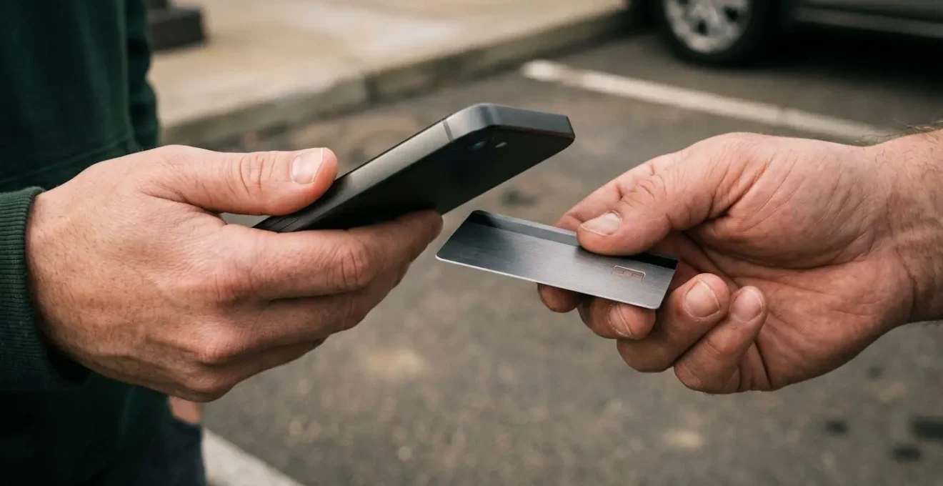 Gros plan macro sur deux mains échangeant un paiement mobile après un accident mineur