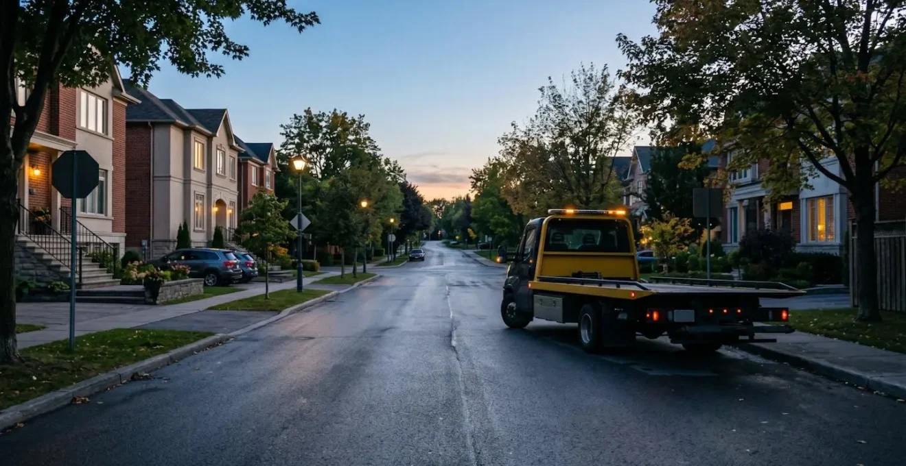 Dépanneuse sur une route urbaine illustrant l'assistance automobile à proximité du domicile