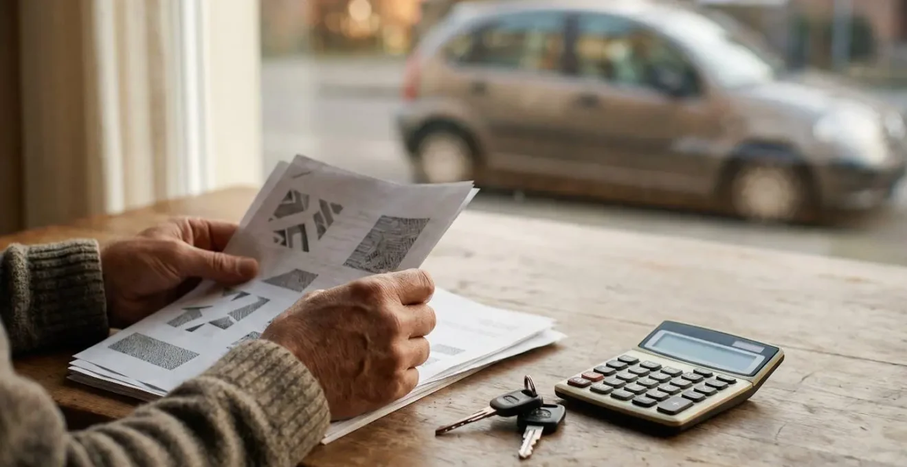 Conducteur analysant des documents d'assurance automobile avec une voiture compacte en arrière-plan