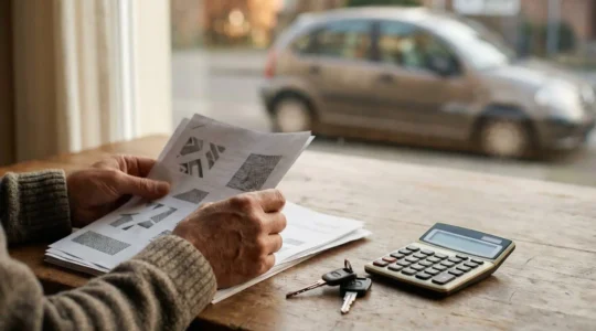 Conducteur analysant des documents d'assurance automobile avec une voiture compacte en arrière-plan