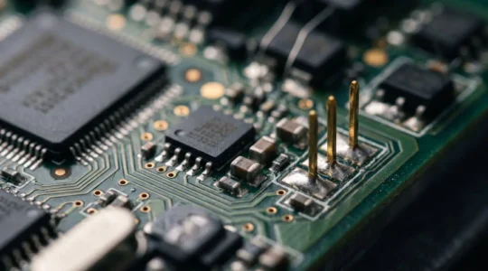 Gros plan sur un module électronique de calculateur d'airbag automobile avec circuits intégrés et capteurs