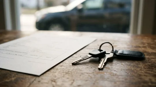 Document d'attestation d'assurance automobile temporaire avec clés de véhicule, évoquant la flexibilité et la solution rapide pour import ou weekend