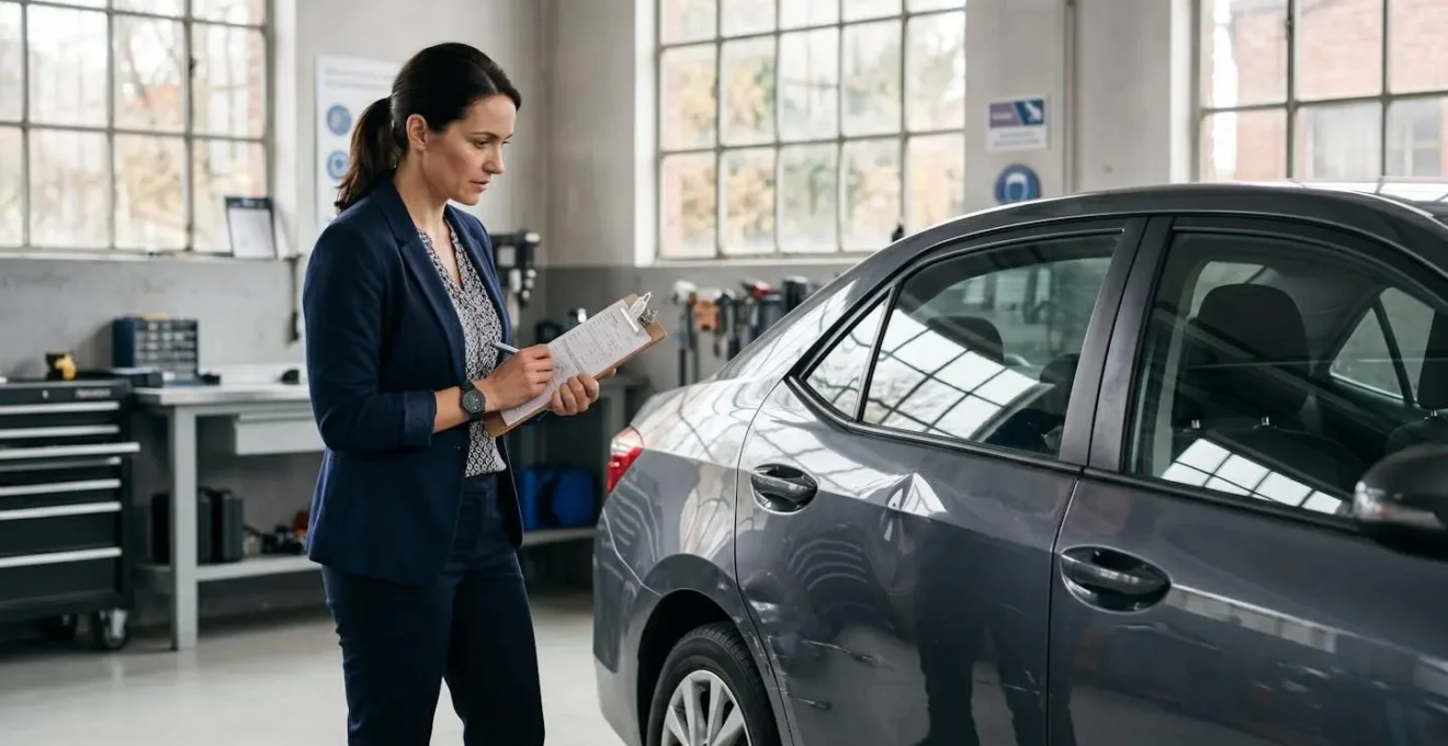 Expert automobile examinant un véhicule endommagé avec rapport d'expertise et documents