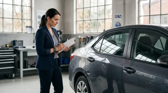 Expert automobile examinant un véhicule endommagé avec rapport d'expertise et documents