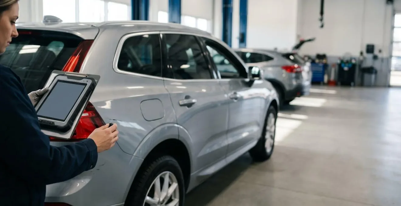 Inspection détaillée d'un véhicule lors de sa restitution en leasing avec expert évaluant l'état de la carrosserie