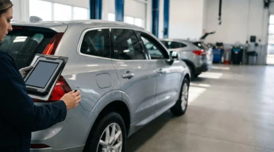 Inspection détaillée d'un véhicule lors de sa restitution en leasing avec expert évaluant l'état de la carrosserie