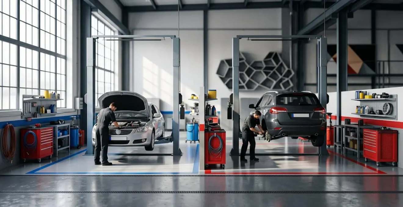 Vue professionnelle d'un atelier de réparation automobile représentant le choix entre garage agréé et libre choix du réparateur