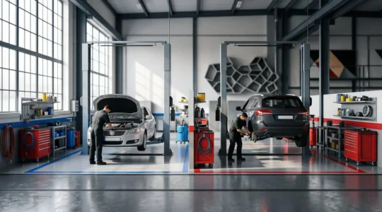 Vue professionnelle d'un atelier de réparation automobile représentant le choix entre garage agréé et libre choix du réparateur