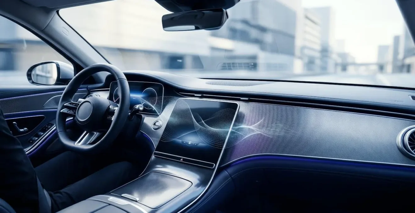 Intérieur futuriste d'une voiture autonome avec intelligence artificielle embarquée
