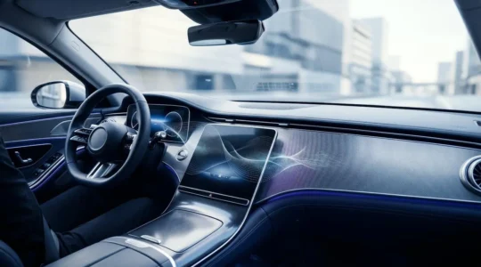 Intérieur futuriste d'une voiture autonome avec intelligence artificielle embarquée