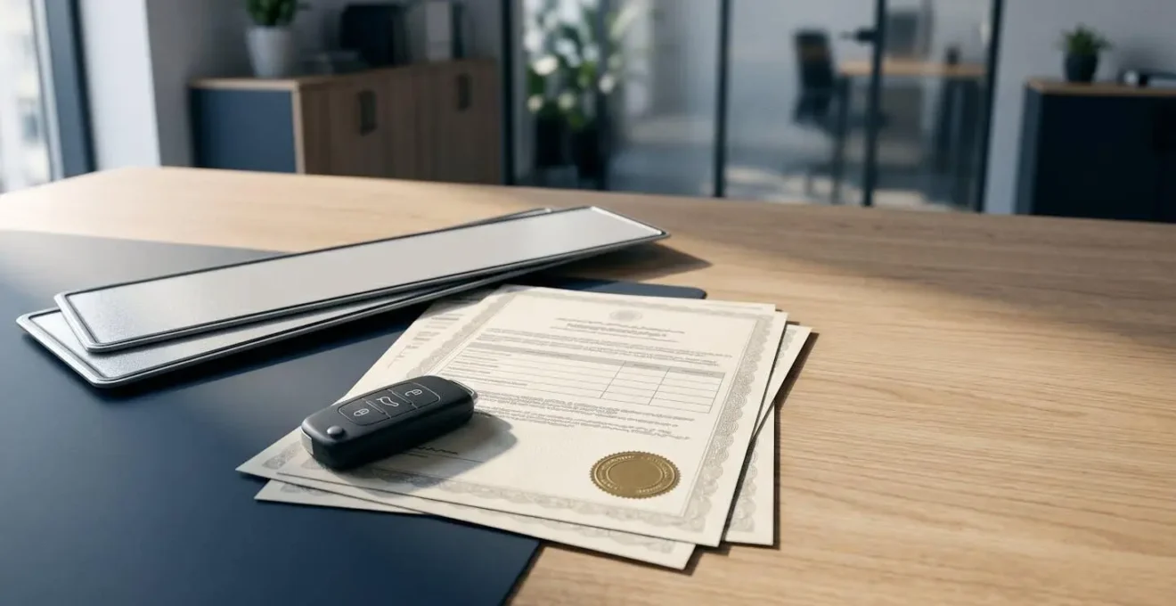 Document administratif d'immatriculation de véhicule importé avec plaques d'immatriculation temporaires sur bureau