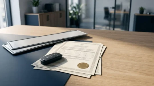 Document administratif d'immatriculation de véhicule importé avec plaques d'immatriculation temporaires sur bureau