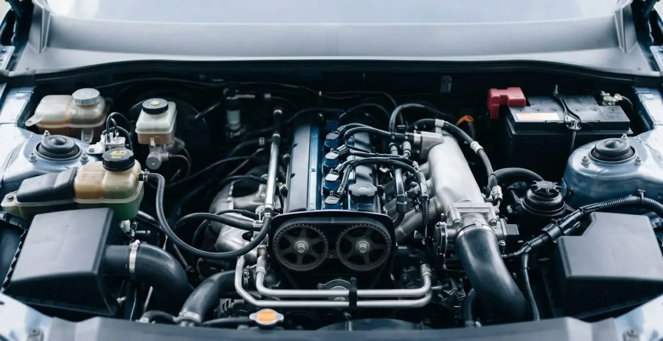 Vue détaillée d'un compartiment moteur automobile moderne avec composants clés visibles, symbolisant la maintenance préventive et l'entretien mécanique
