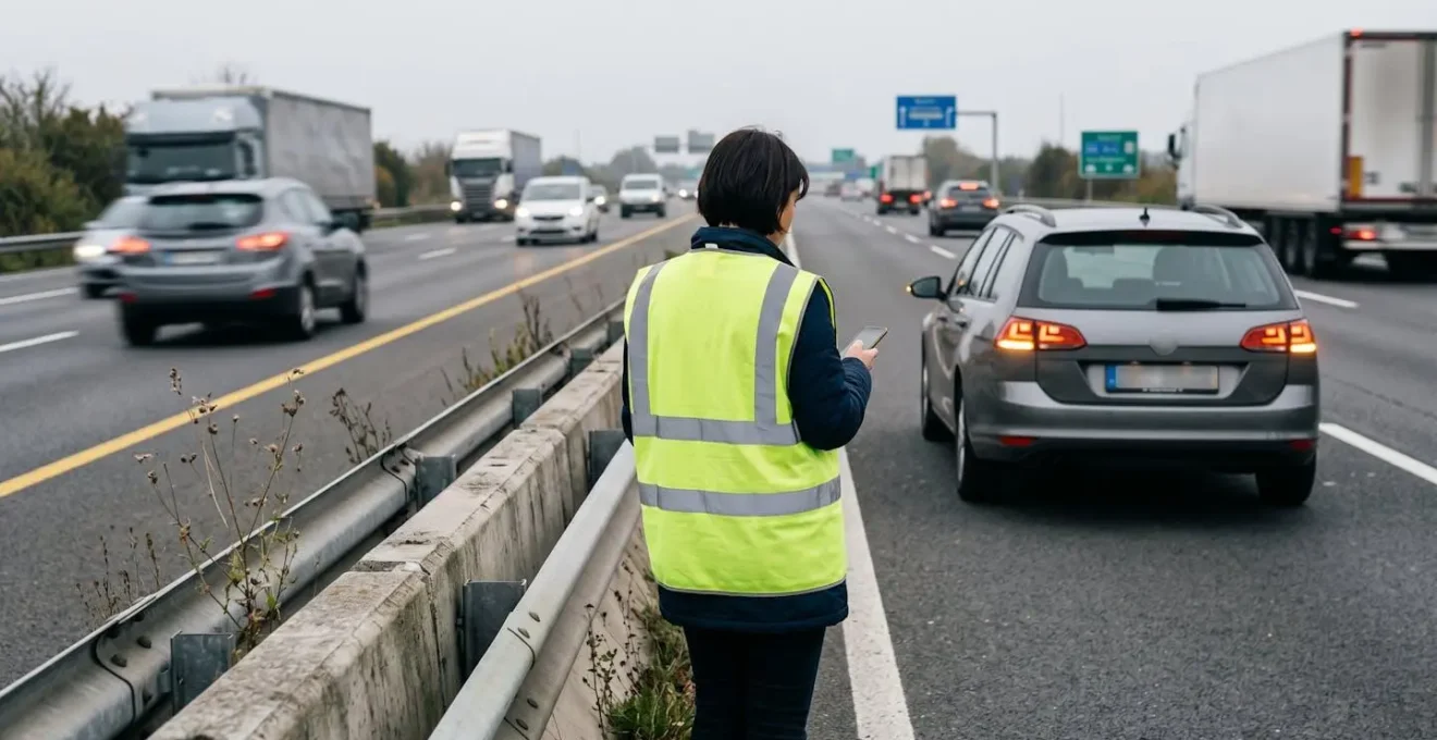 Véhicule immobilisé sur bande d'arrêt d'urgence d'autoroute avec conducteur en gilet jaune derrière la glissière de sécurité