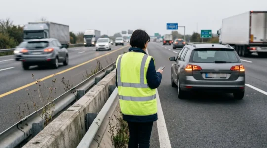 Véhicule immobilisé sur bande d'arrêt d'urgence d'autoroute avec conducteur en gilet jaune derrière la glissière de sécurité