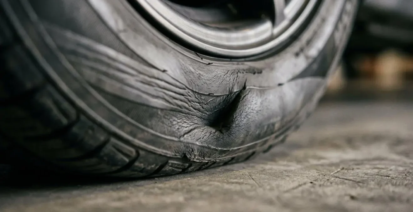 Gros plan sur un pneu de voiture montrant une déformation visible du flanc indiquant un sous-gonflage dangereux