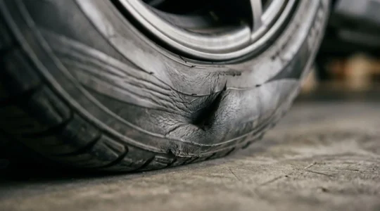 Gros plan sur un pneu de voiture montrant une déformation visible du flanc indiquant un sous-gonflage dangereux
