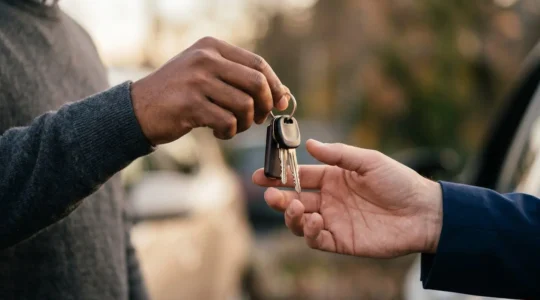 Échange de clés de voiture entre deux personnes symbolisant le prêt de volant et la confiance