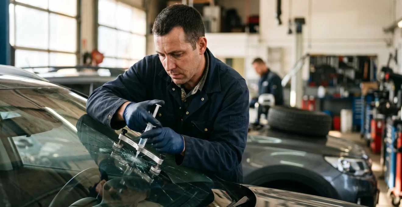Vue rapprochée d'un technicien effectuant une réparation de pare-brise par injection de résine sur un véhicule moderne