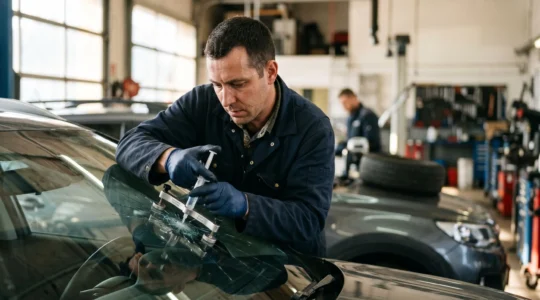 Vue rapprochée d'un technicien effectuant une réparation de pare-brise par injection de résine sur un véhicule moderne