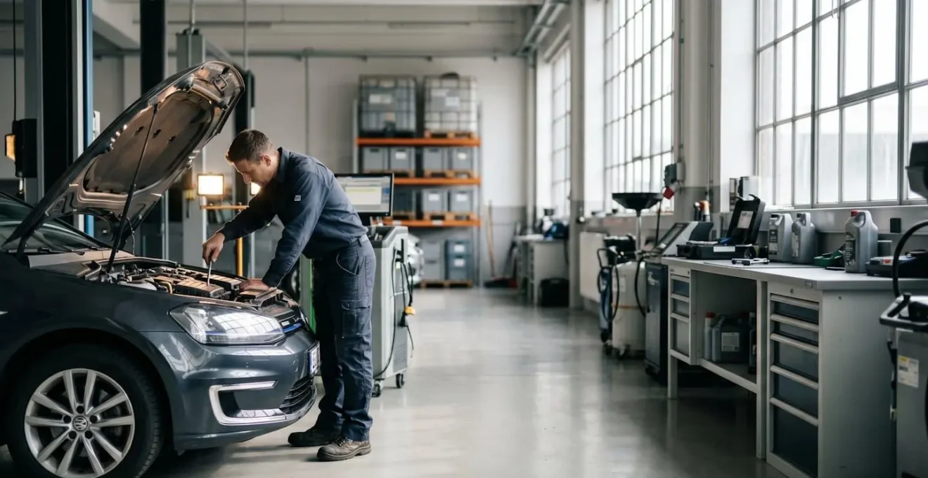 Mécanicien professionnel effectuant une révision minutieuse sur un véhicule moderne dans un garage bien équipé