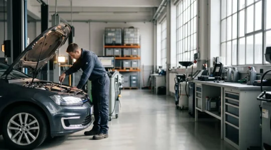 Mécanicien professionnel effectuant une révision minutieuse sur un véhicule moderne dans un garage bien équipé
