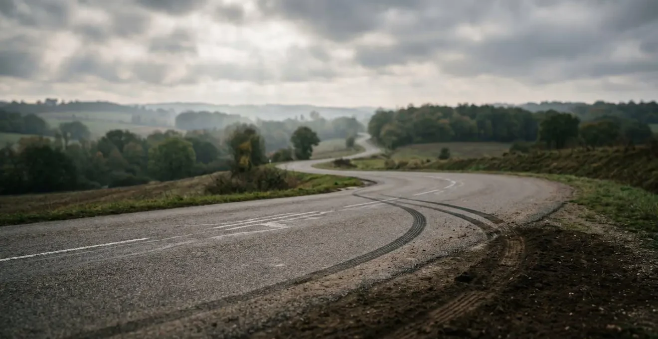 Traces de dérapage sur route sinueuse illustrant une perte de contrôle automobile