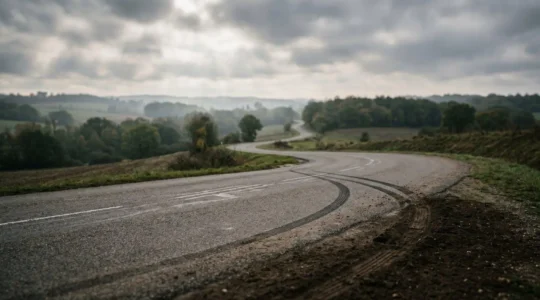 Traces de dérapage sur route sinueuse illustrant une perte de contrôle automobile