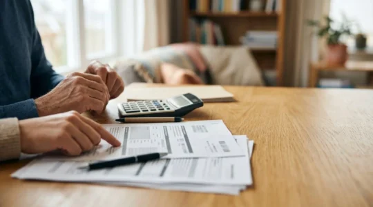Personne analysant des documents financiers avec une calculatrice pour comparer les options de financement automobile