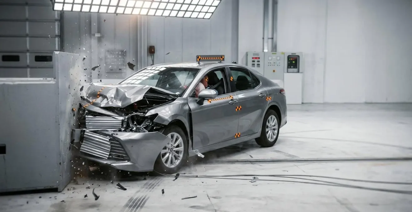 Test de collision frontale montrant la déformation contrôlée de l'avant d'un véhicule moderne