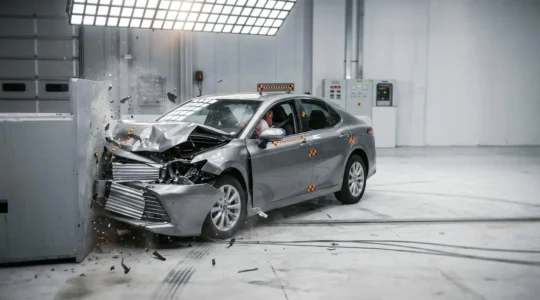 Test de collision frontale montrant la déformation contrôlée de l'avant d'un véhicule moderne
