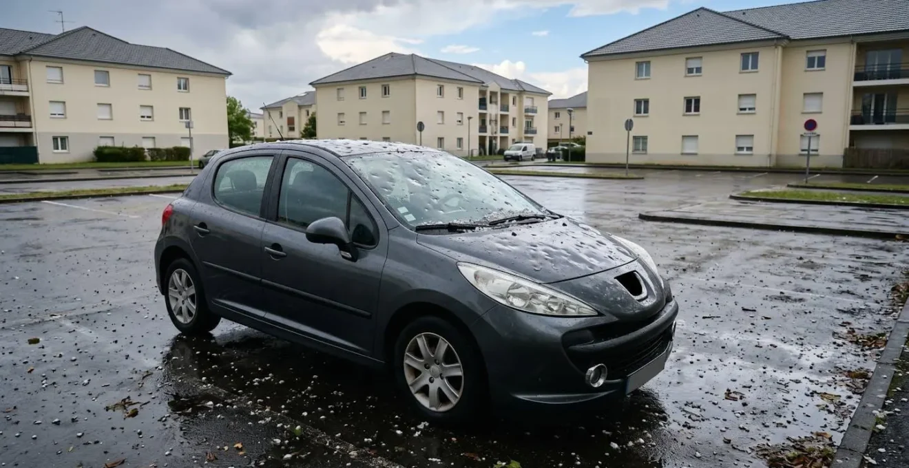Voiture endommagée par des impacts de grêle après un orage violent