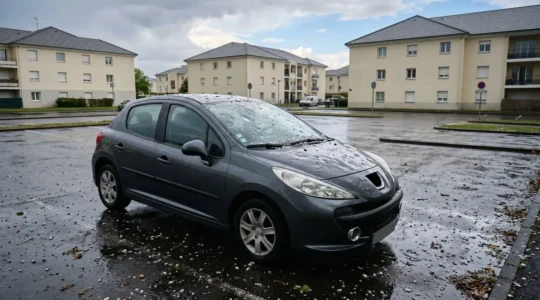 Voiture endommagée par des impacts de grêle après un orage violent