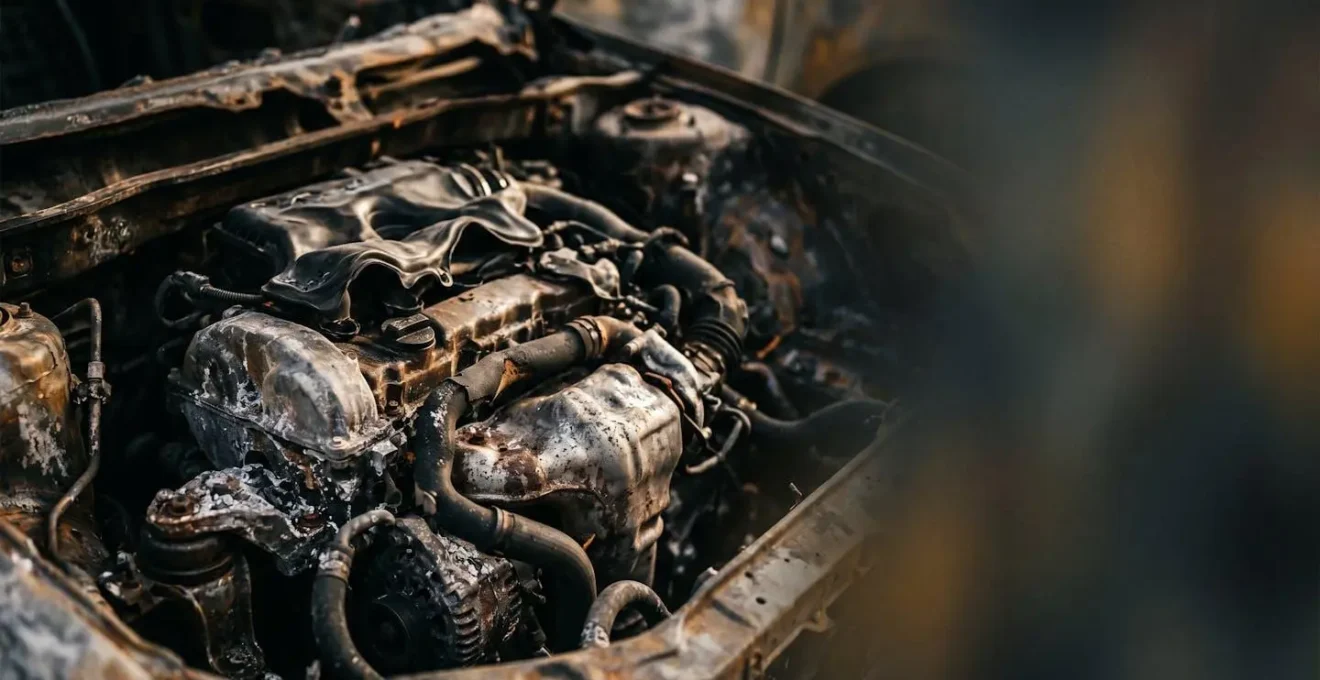 Véhicule endommagé après incendie en attente d'expertise automobile pour évaluation VRADE