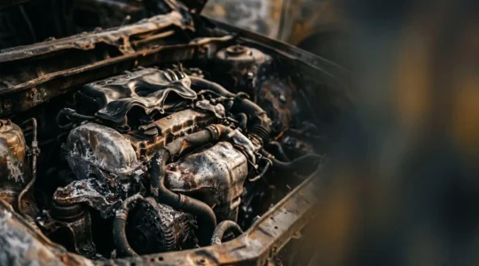 Véhicule endommagé après incendie en attente d'expertise automobile pour évaluation VRADE