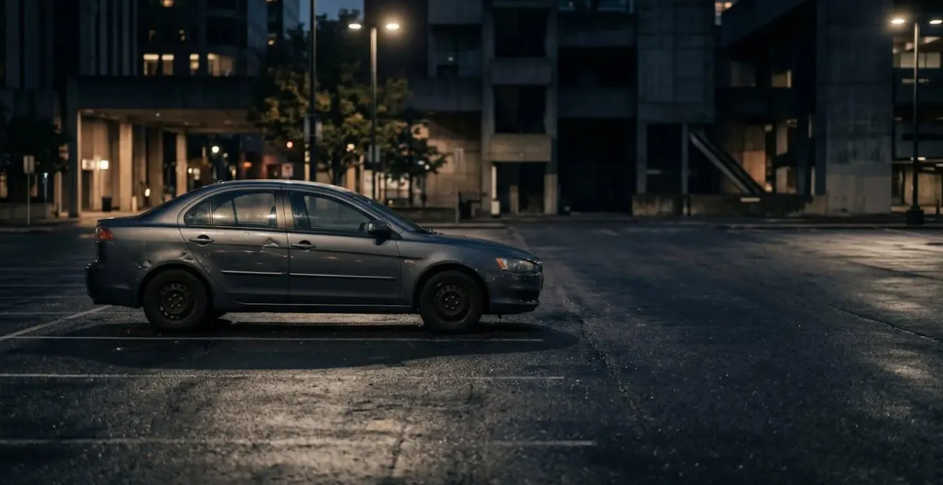 Voiture garée dans un parking urbain nocturne avec traces de vandalisme visible sur la carrosserie
