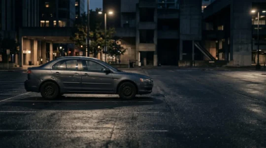 Voiture garée dans un parking urbain nocturne avec traces de vandalisme visible sur la carrosserie