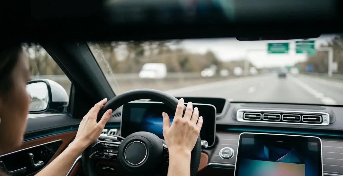 Vue intérieure d'un véhicule moderne avec volant et tableau de bord high-tech, mains du conducteur détendues, autoroute française visible à travers le pare-brise