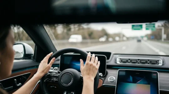 Vue intérieure d'un véhicule moderne avec volant et tableau de bord high-tech, mains du conducteur détendues, autoroute française visible à travers le pare-brise